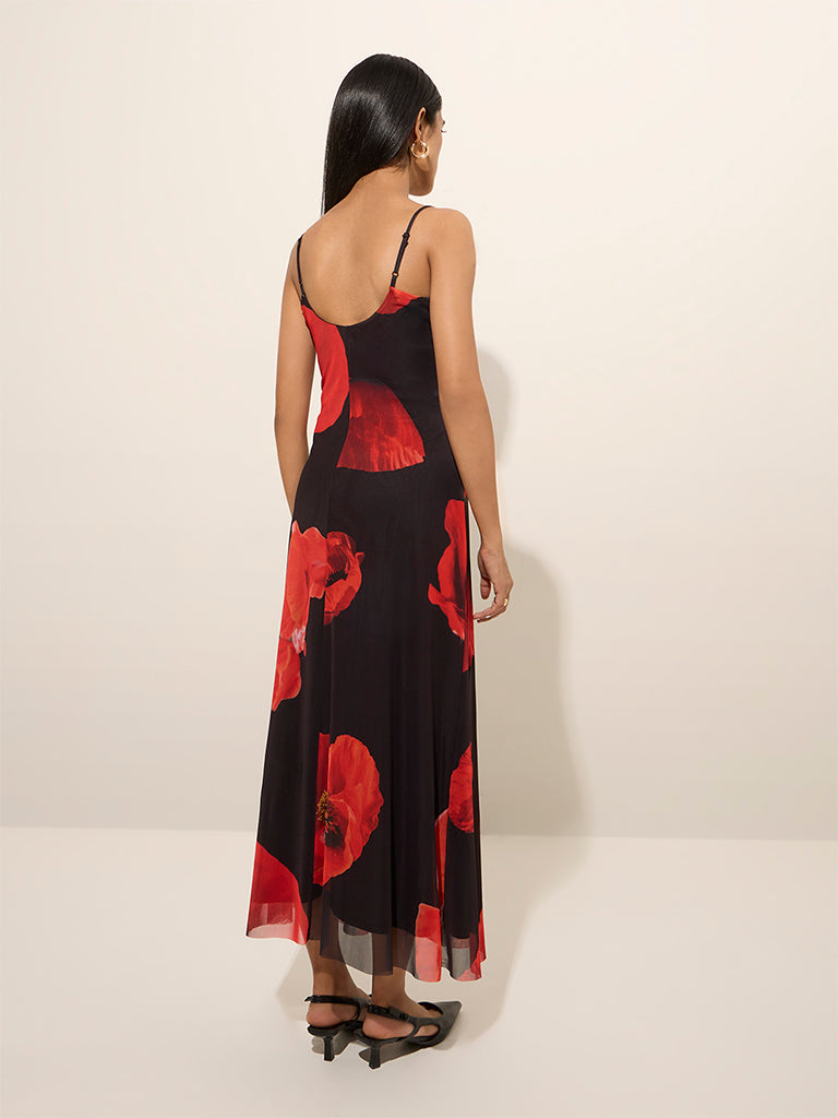 Westside Wardrobe Women's Black Floral Printed Mesh Bodycon Dress for Work Wear Back View