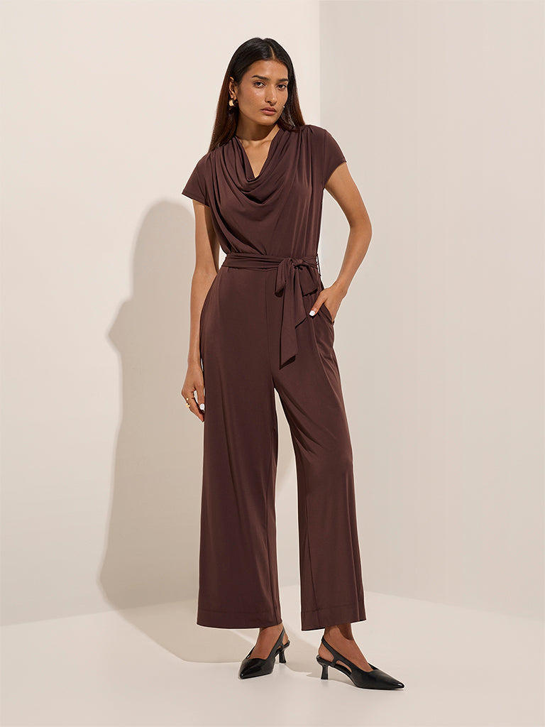 Buy Wardrobe Brown Solid Jumpsuit with Belt from Westside