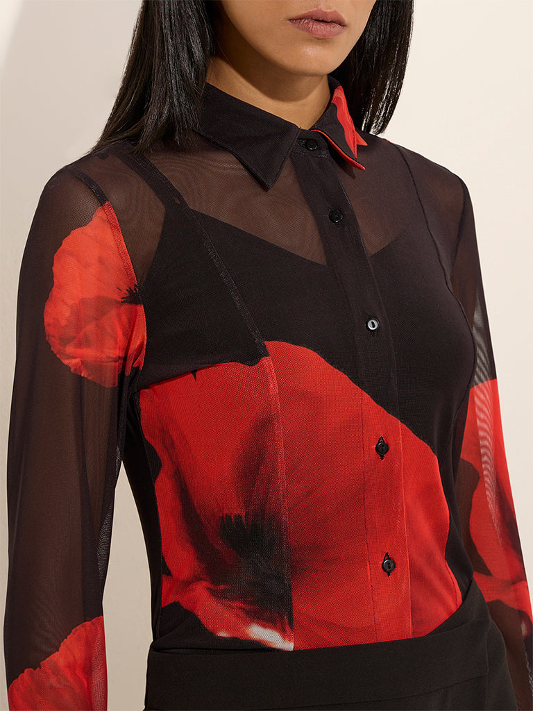 Wardrobe Black Floral Printed Mesh Shirt with Camisole