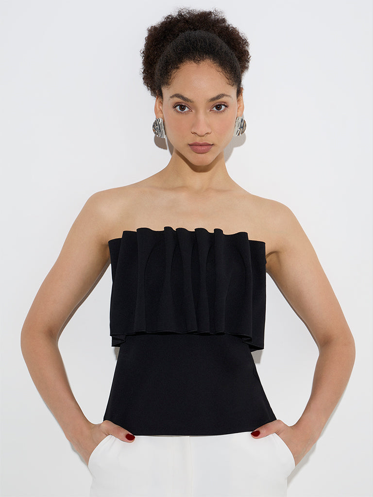 Westside Wardrobe Women's Black Ruffle-Detailed Off-Shoulder Top for Work Wear Front View