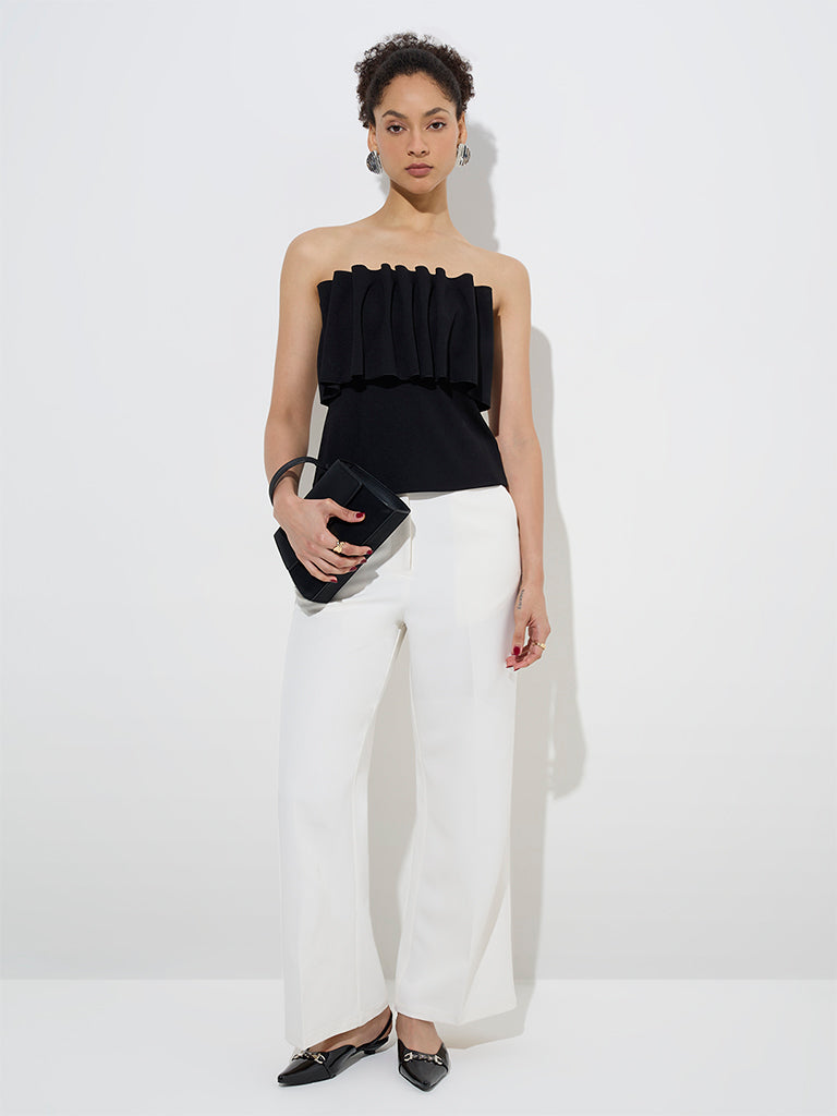 Westside Wardrobe Women's Black Ruffle-Detailed Off-Shoulder Top for Work Wear Full View