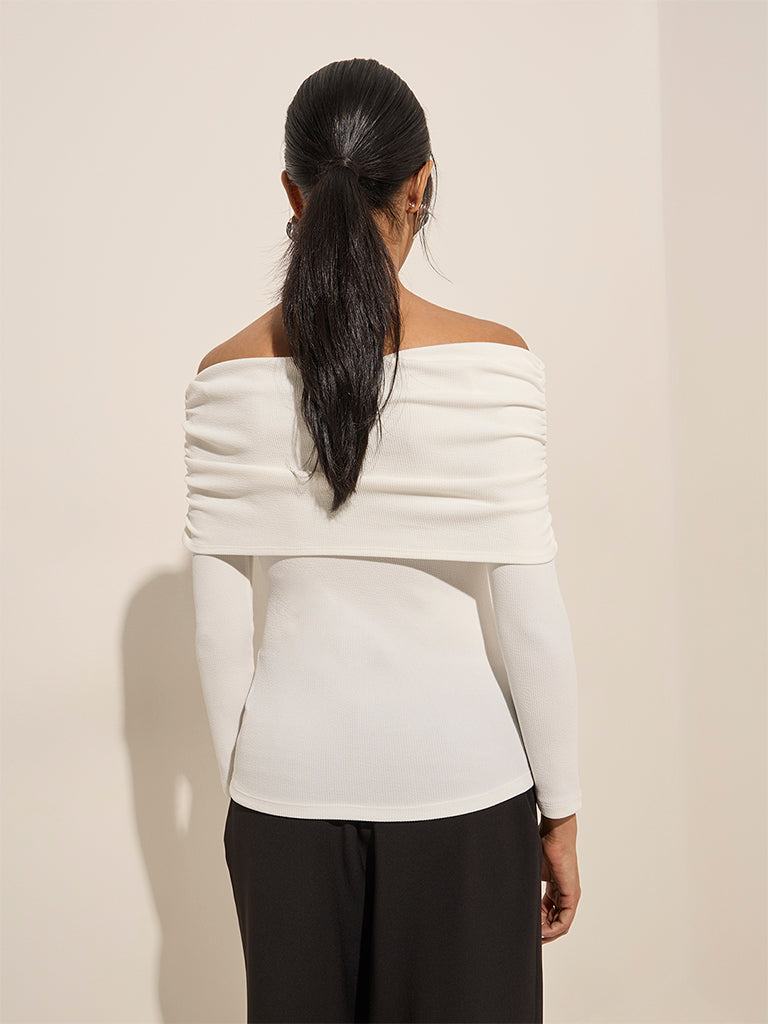 Westside Wardrobe Women's White Ribbed Off-Shoulder Top for Work Wear Back View