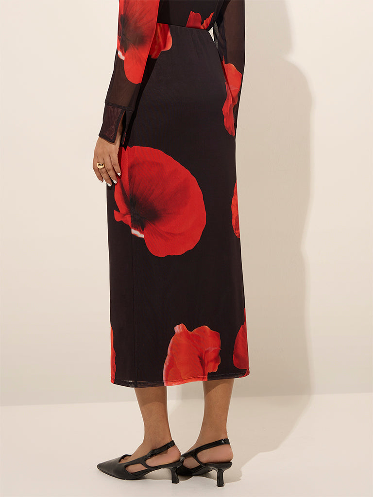 Westside Wardrobe Women's Black Floral Printed High-Rise Mesh Skirt for Work Wear Back View