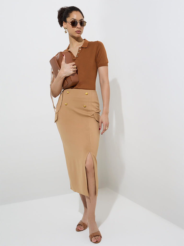 Westside Wardrobe Women's Tan High-Rise Pencil Skirt for Work Wear Full View