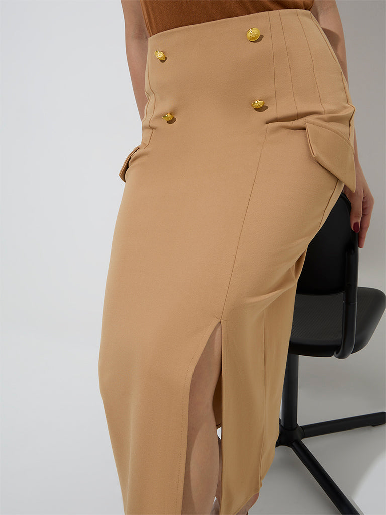 Westside Wardrobe Women's Tan High-Rise Pencil Skirt for Work Wear Zoomed View