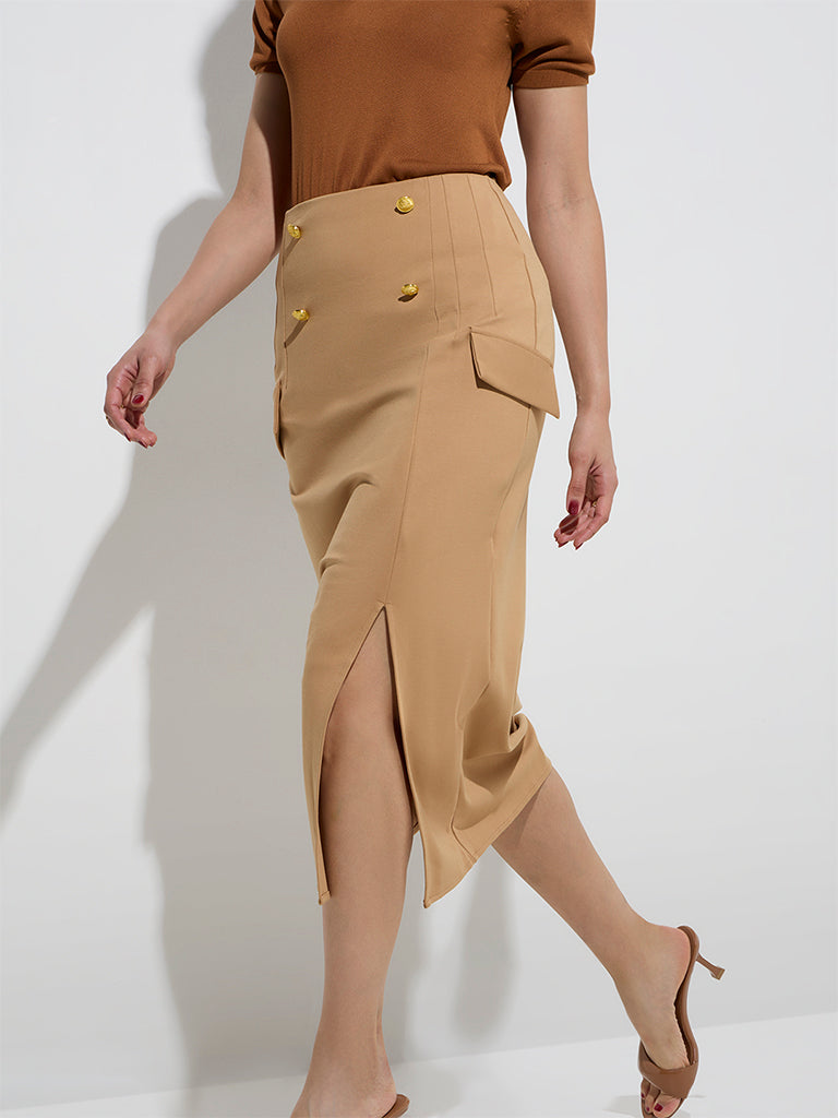 Westside Wardrobe Women's Tan High-Rise Pencil Skirt for Work Wear Front View