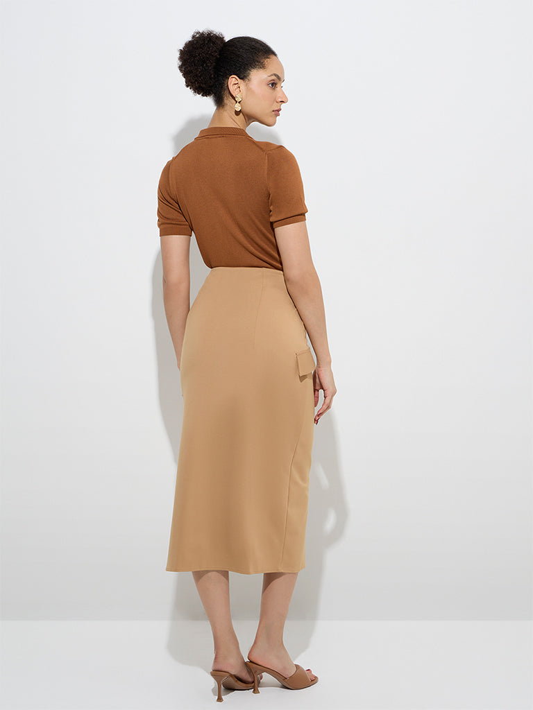Westside Wardrobe Women's Tan High-Rise Pencil Skirt for Work Wear Back View