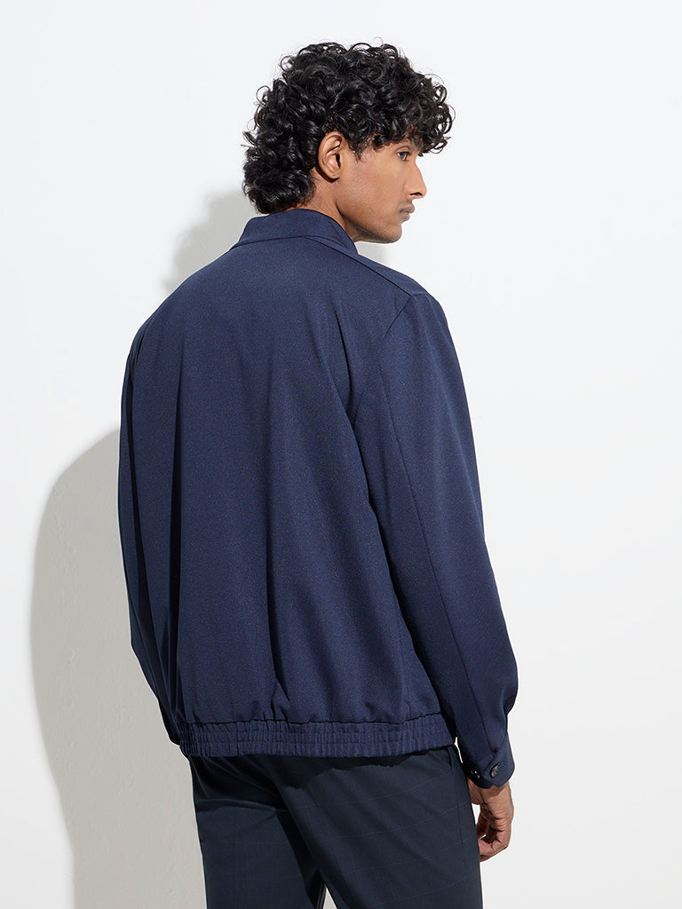 Westside WES Formals Men's Navy Solid Slim-Fit Jacket for Work Wear Back View