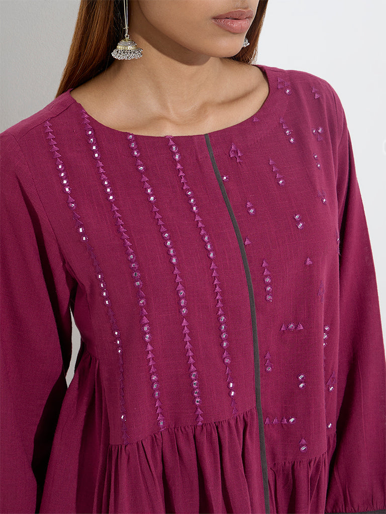 Utsa Wine Mirror Embroidered Fit-and-Flare Cotton Kurta