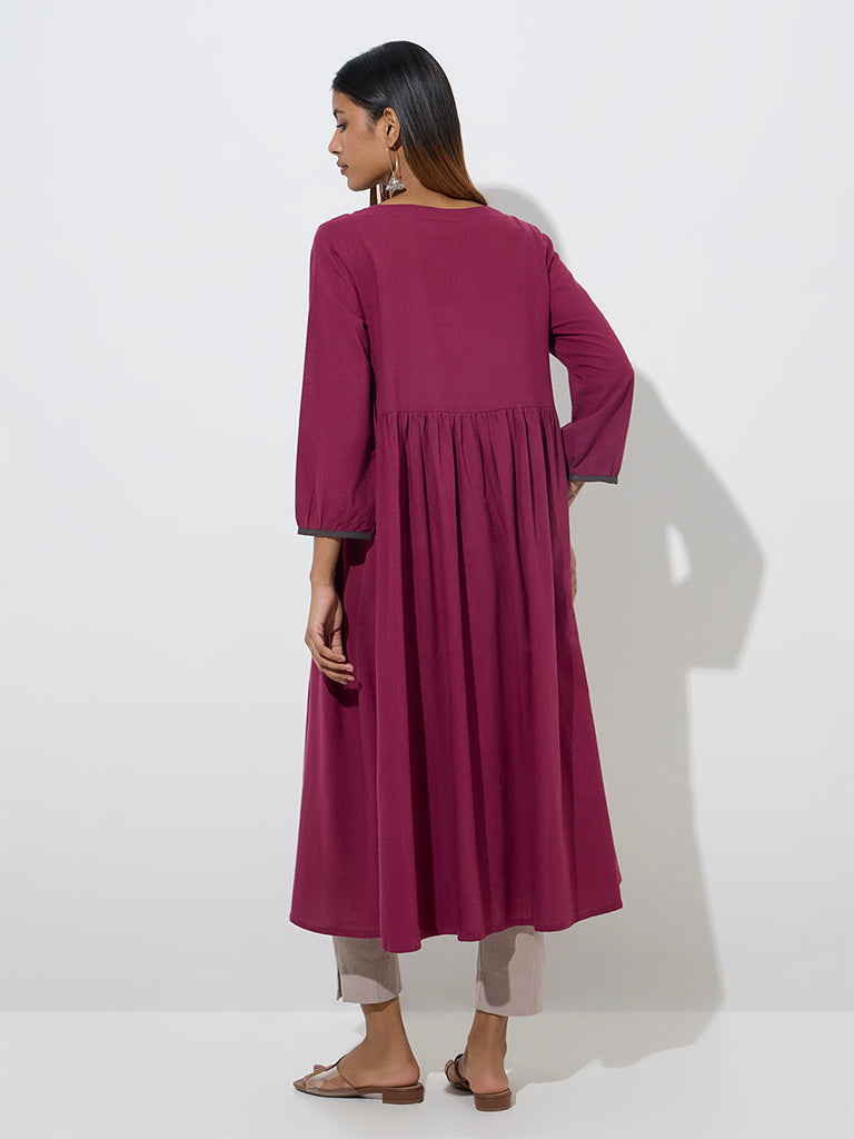 Westside Utsa Women's Wine Mirror Embroidered Fit-and-Flare Cotton Kurta for Work Wear Back View