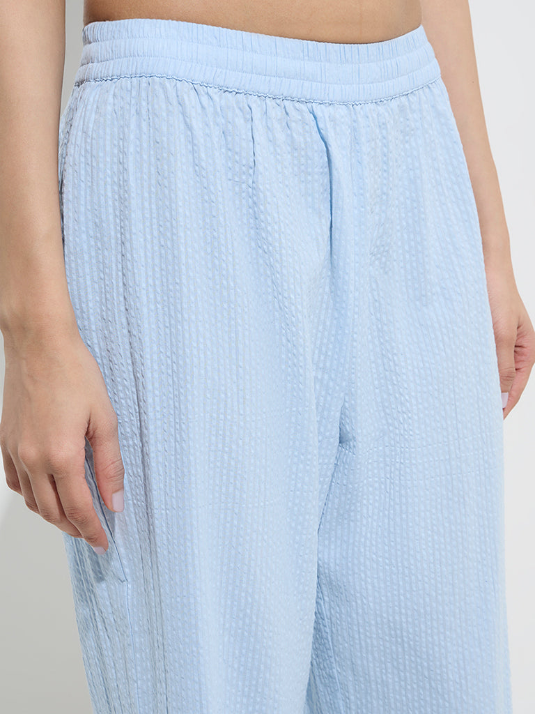 Westside Utsa Women's Light Blue Seersucker Striped Cotton Ethnic Pants for Work Wear Zoomed View