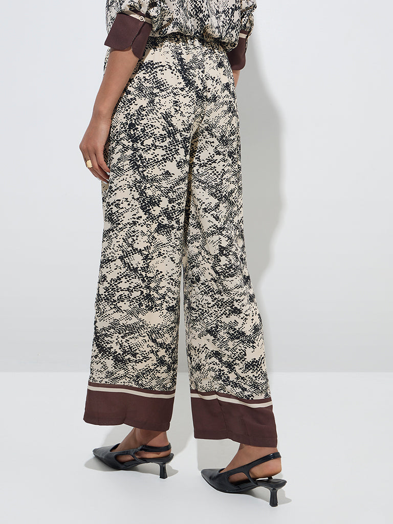 Westside Wardrobe Women's Brown Animal Print Design High-Rise Trousers for Work Wear Back View