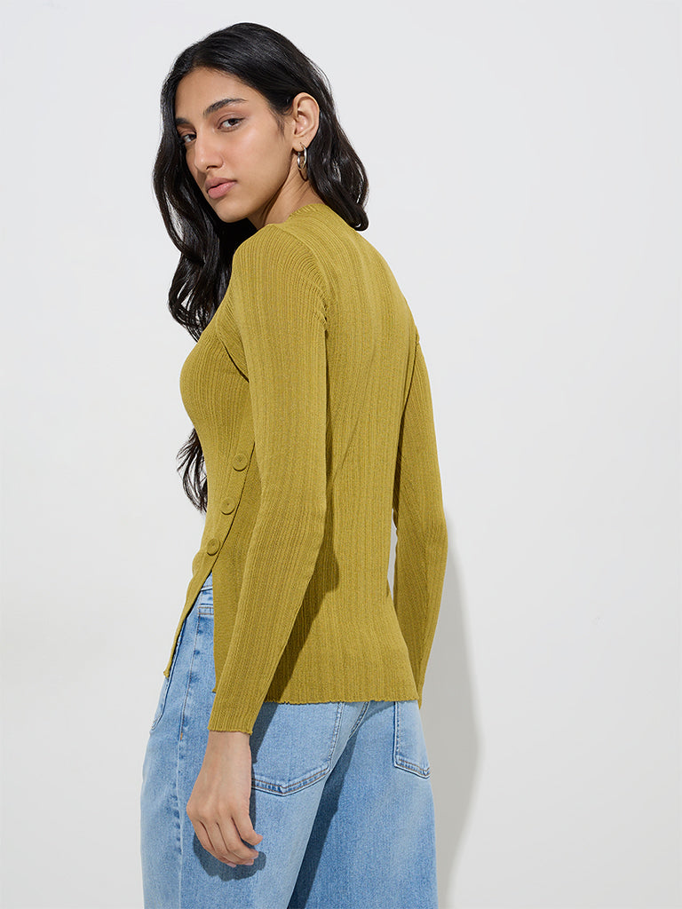 Westside LOV Women's Olive Ribbed-Textured Top for Casual Wear Back View