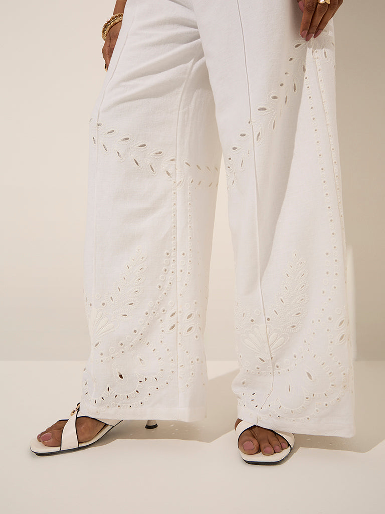 LOV White Schiffli-Detailed High-Rise Cotton Trousers