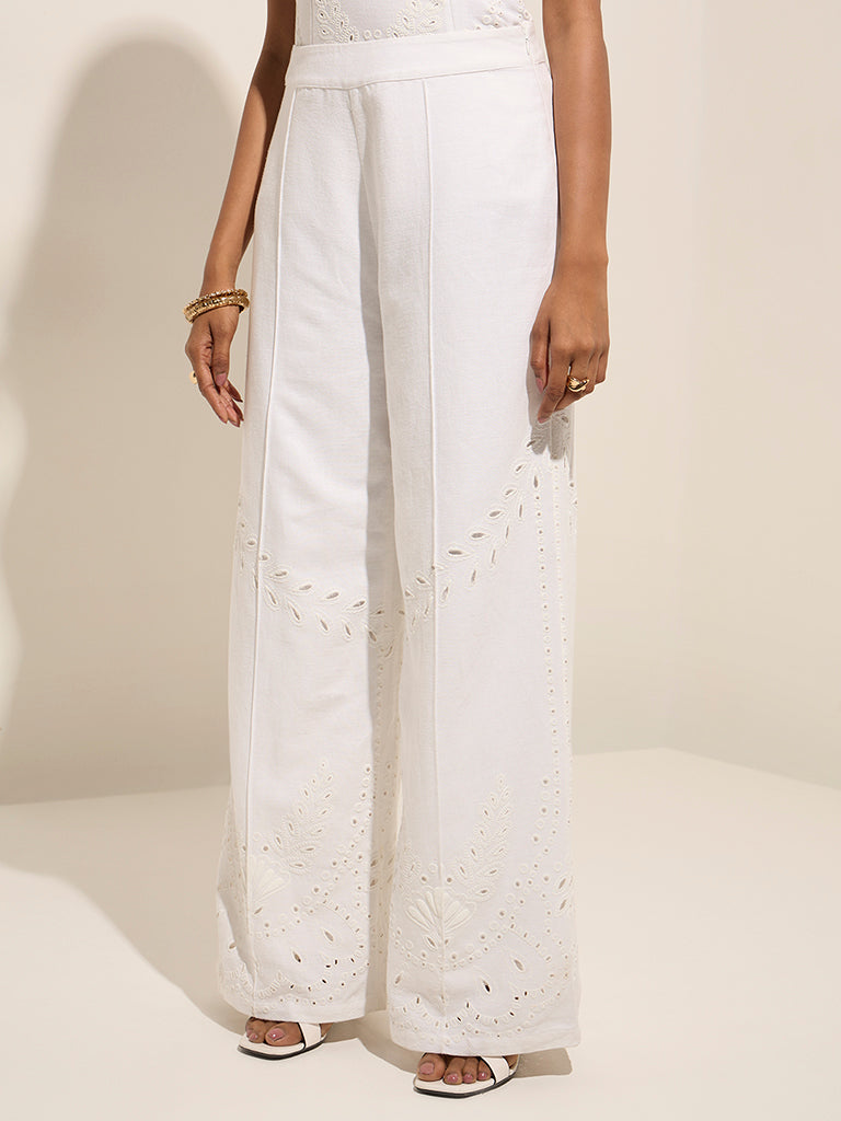 LOV White Schiffli-Detailed High-Rise Cotton Trousers