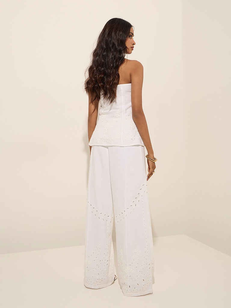 LOV White Schiffli-Detailed High-Rise Cotton Trousers