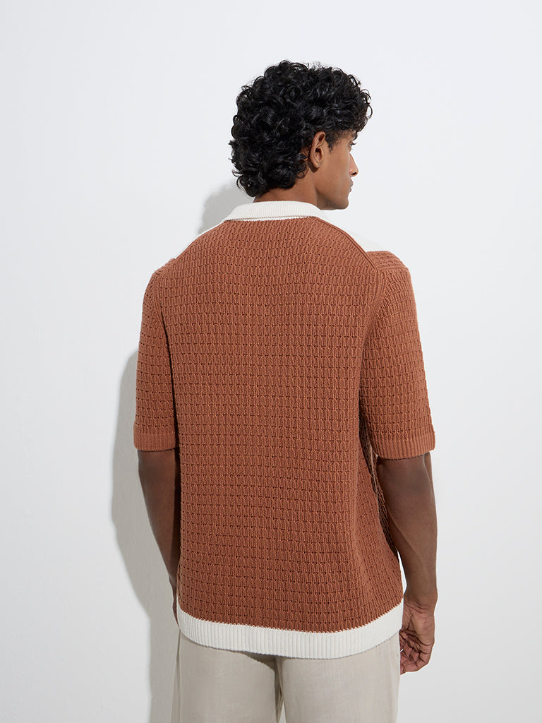 Westside Ascot Men's Rust Crochet-Detailed Relaxed-Fit Cotton Shirt for Casual Wear Back View