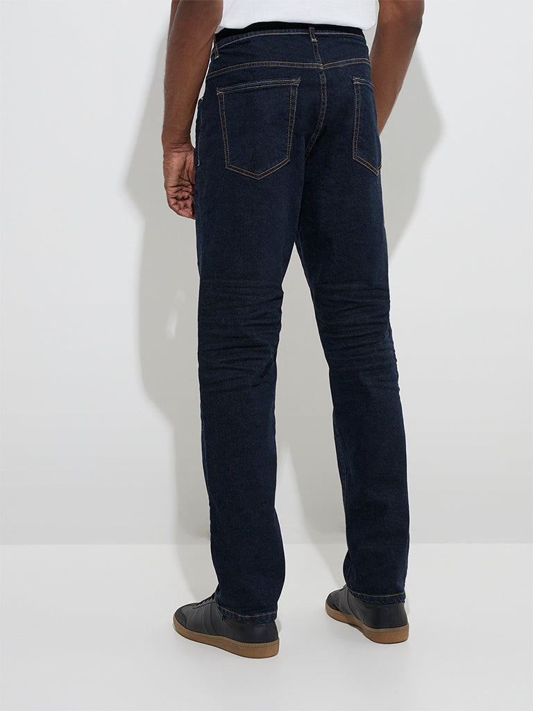 Westside WES Casuals Men's Dark Blue Relaxed-Fit Mid-Rise Denim Jeans for Casual Wear Back View