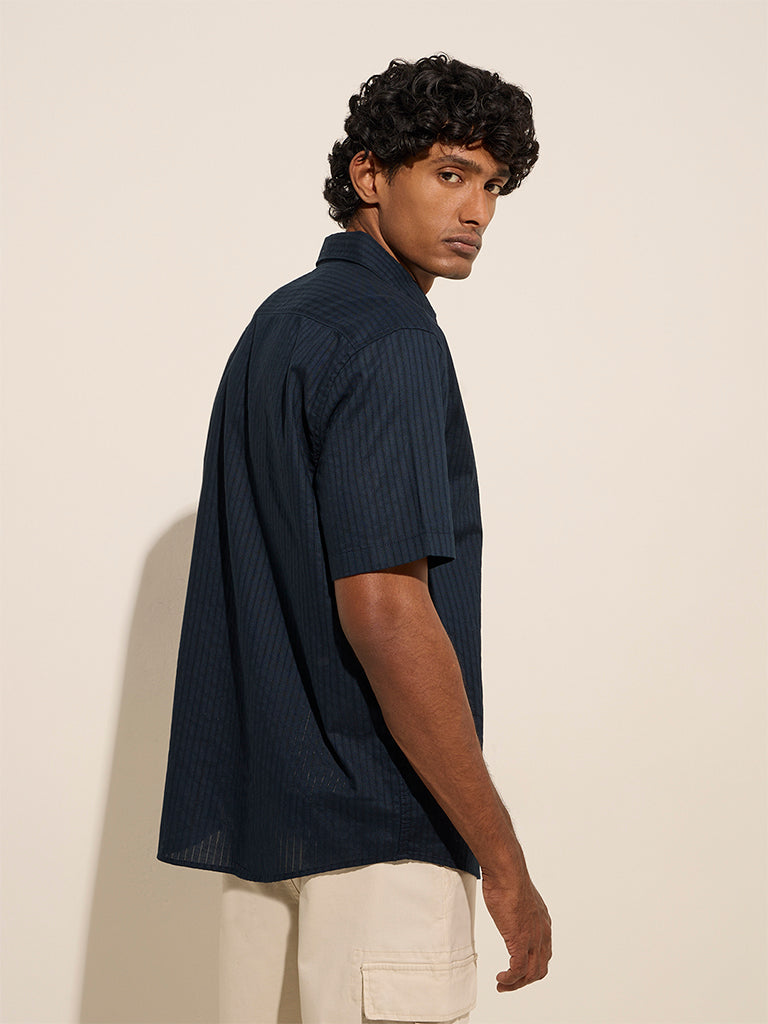 Westside WES Casuals Men's Navy Self-Striped Relaxed-Fit Cotton Shirt for Casual Wear Back View