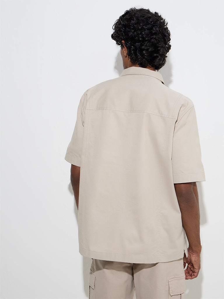 Westside WES Casuals Men's Taupe Solid Relaxed-Fit Cotton Shirt for Casual Wear Back View