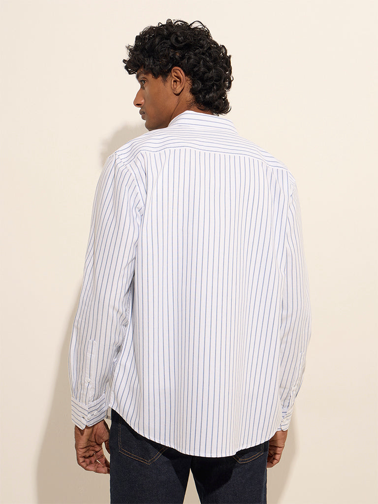 Westside WES Casuals Men's White Striped Relaxed-Fit Cotton Shirt for Casual Wear Back View