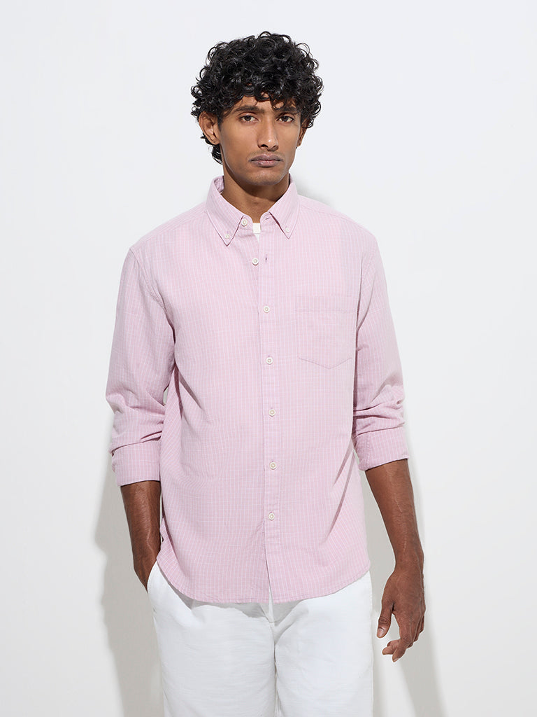 Westside WES Casuals Men's Pink Checks Design Relaxed-Fit Cotton Shirt for Casual Wear Front View