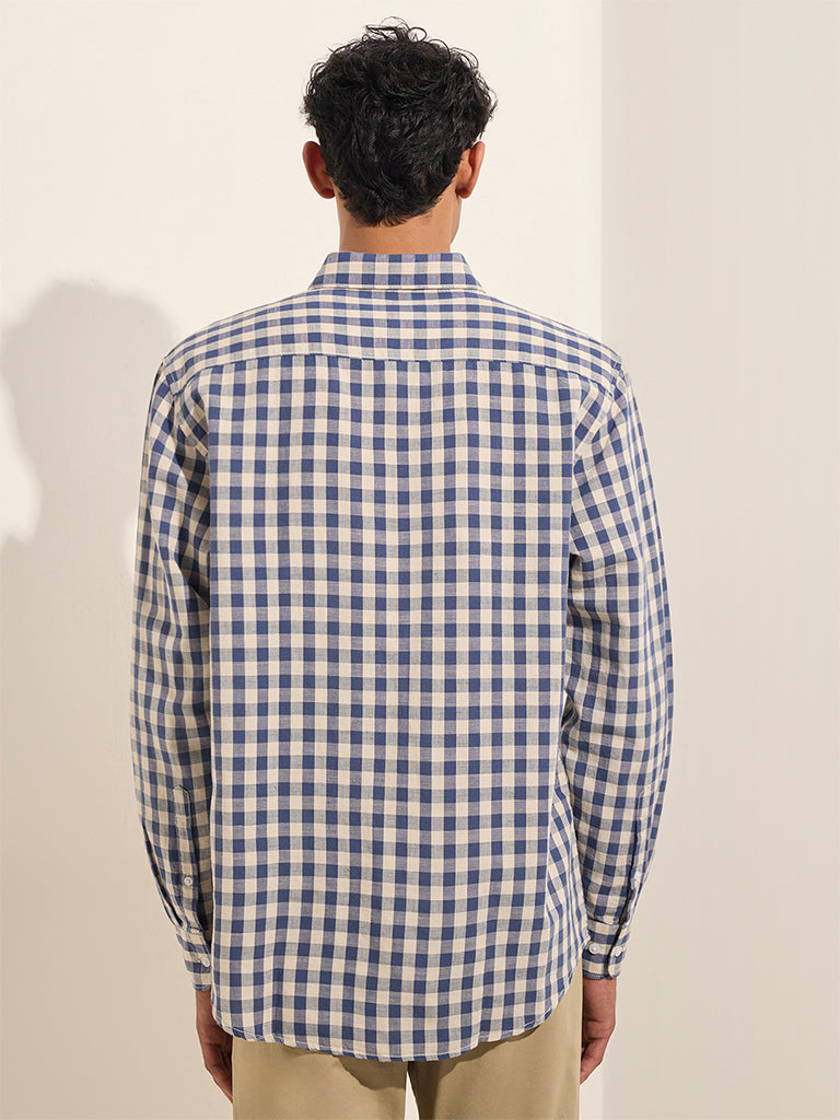 Westside WES Casuals Men's Navy Checks Print Relaxed-Fit Cotton Shirt for Casual Wear Back View