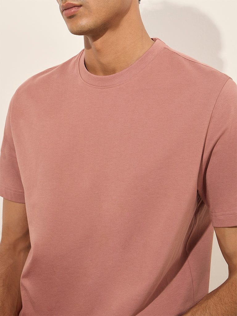 WES Casuals Dusty Pink Solid Slim-Fit Cotton T-Shirt