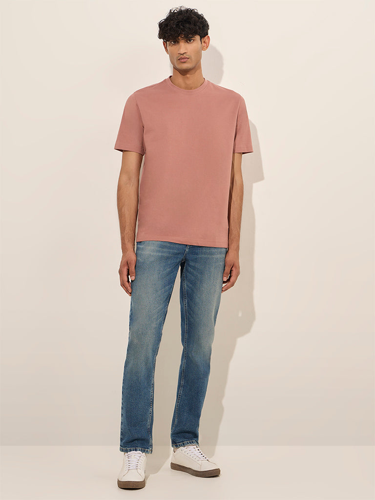 WES Casuals Dusty Pink Solid Slim-Fit Cotton T-Shirt