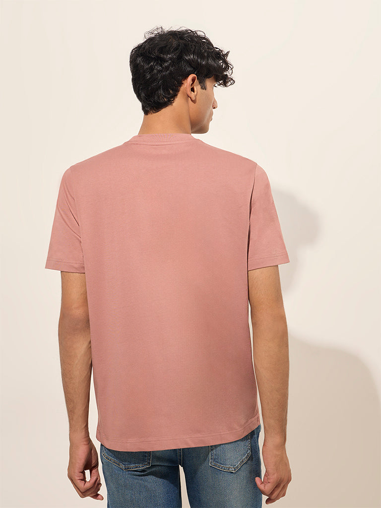 WES Casuals Dusty Pink Solid Slim-Fit Cotton T-Shirt