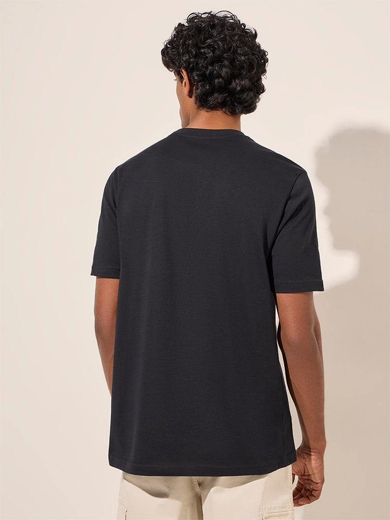 Westside WES Casuals Men's Black Solid Slim-Fit T-Shirt for Casual Wear Back View