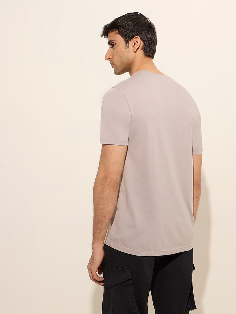 Westside WES Casuals Men's Light Grey Slim-Fit Cotton T-Shirt for Casual Wear Back View
