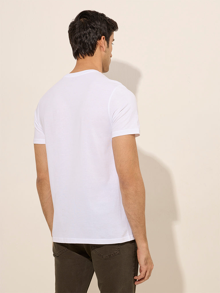 Westside WES Casuals Men's White Slim-Fit Cotton T-Shirt for Casual Wear Back View