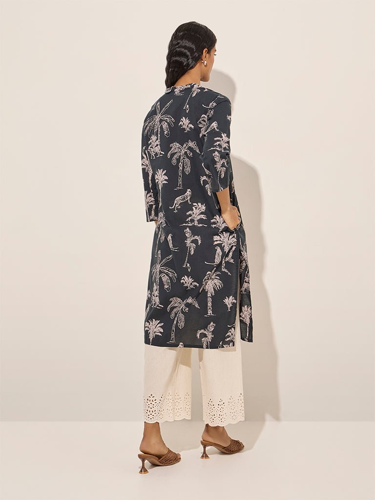 Westside Utsa Women's Black Nature-Themed Straight Cotton Kurta for everyday Wear Back View