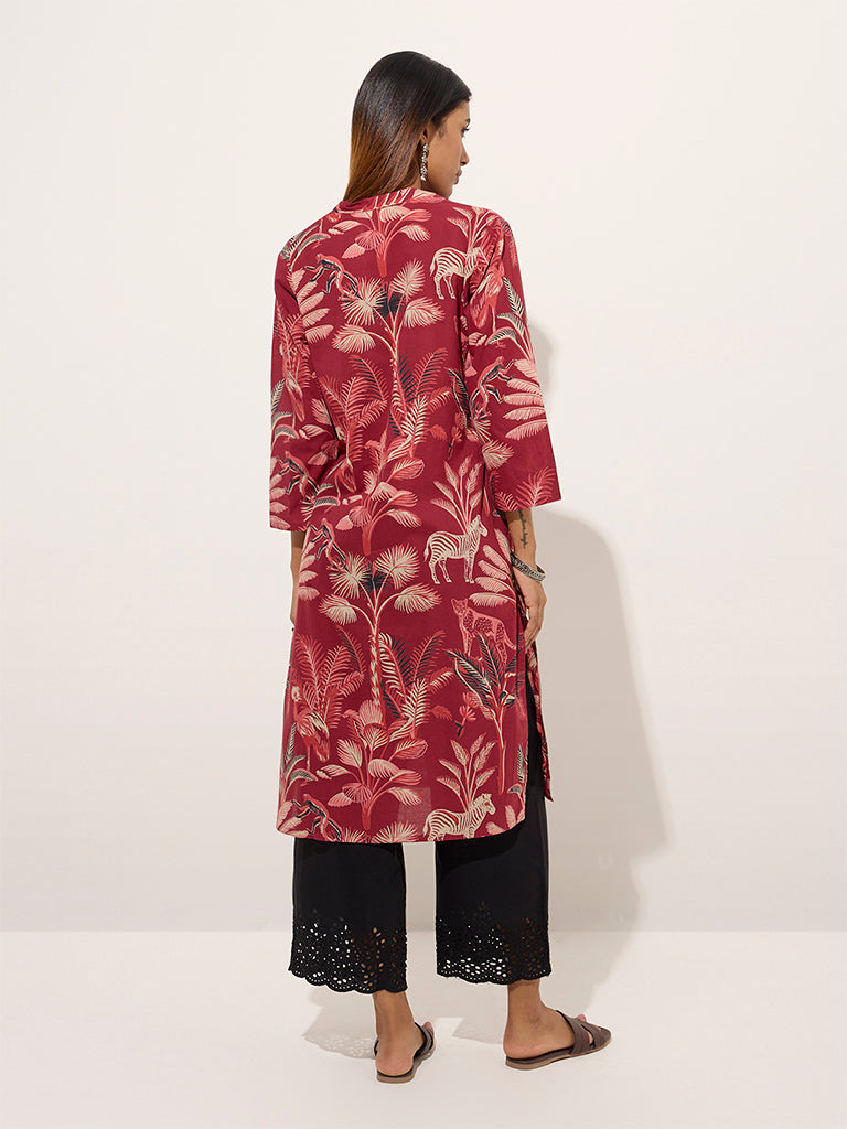 Westside Utsa Women's Maroon Animal Printed Straight Cotton Kurta for Everyday Everyday Back View