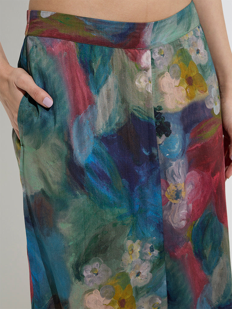 Westside Utsa Women's Blue Watercolour Floral Design Palazzos for Work Wear Zoomed View