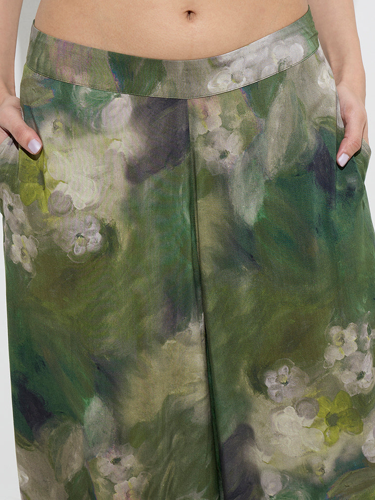 Westside Utsa Women's Dark Green Watercolour Floral Design Palazzos for Work Wear Zoomed View