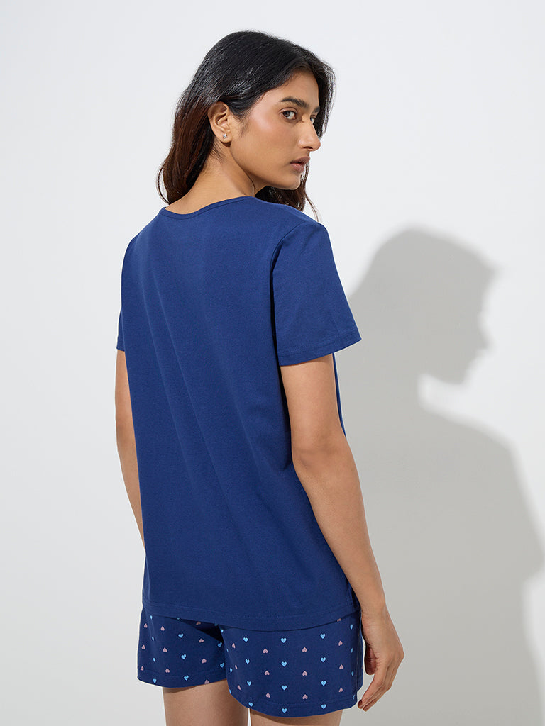 Westside Wunderlove Women's Dark Blue Typographic Cotton T-Shirt for Casual Wear Back View