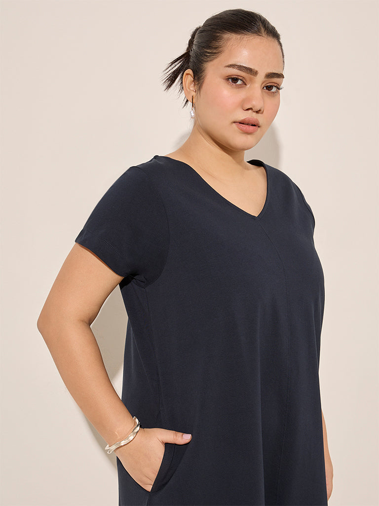 Gia Navy Solid Cotton A-Line Dress