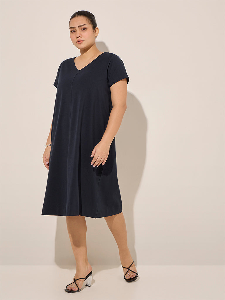 Gia Navy Solid Cotton A-Line Dress
