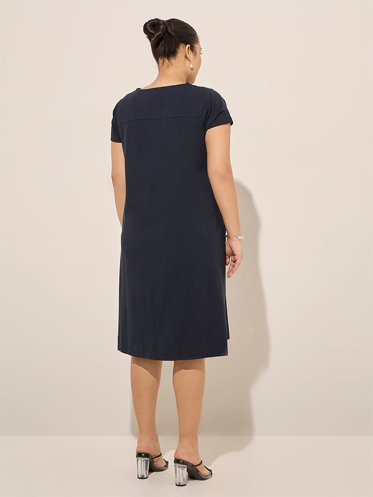 Westside Gia Women's Navy Solid Cotton A-Line Dress for Casual Wear Back View