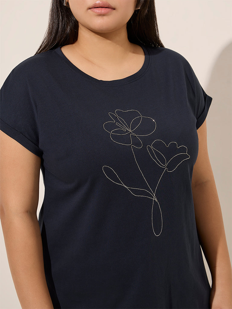 Gia Navy Floral Embroidered Cotton T-Shirt