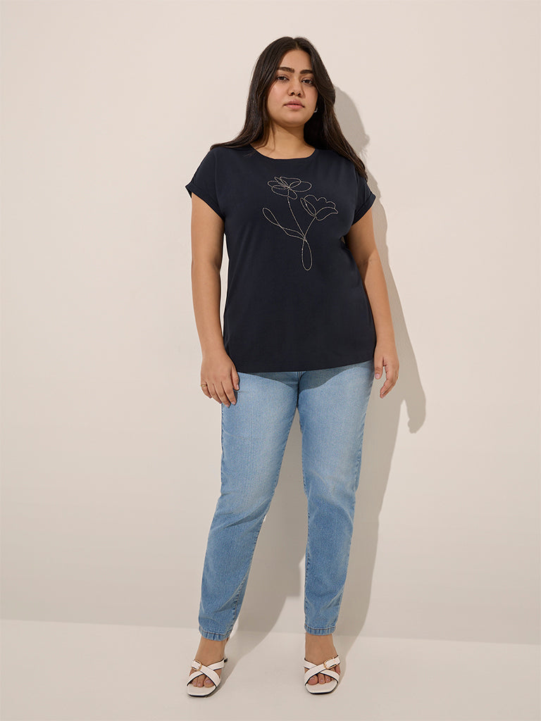 Gia Navy Floral Embroidered Cotton T-Shirt