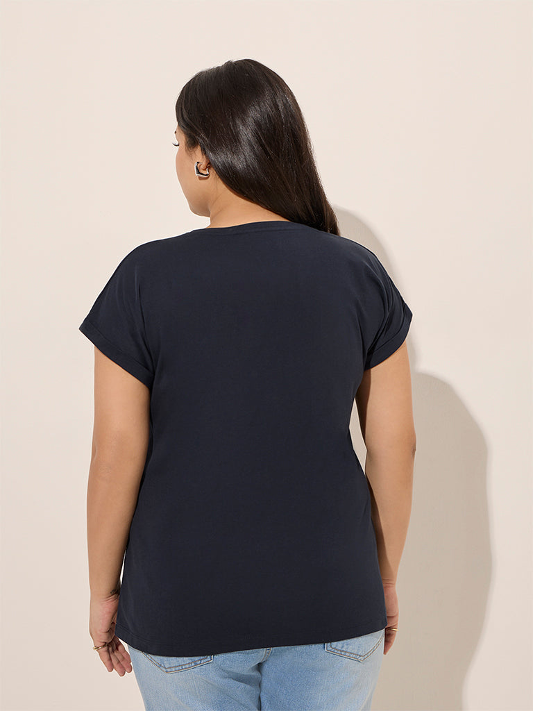 Westside Gia Women's Navy Floral Embroidered Cotton T-Shirt for Casual Wear Casual Wear Back View