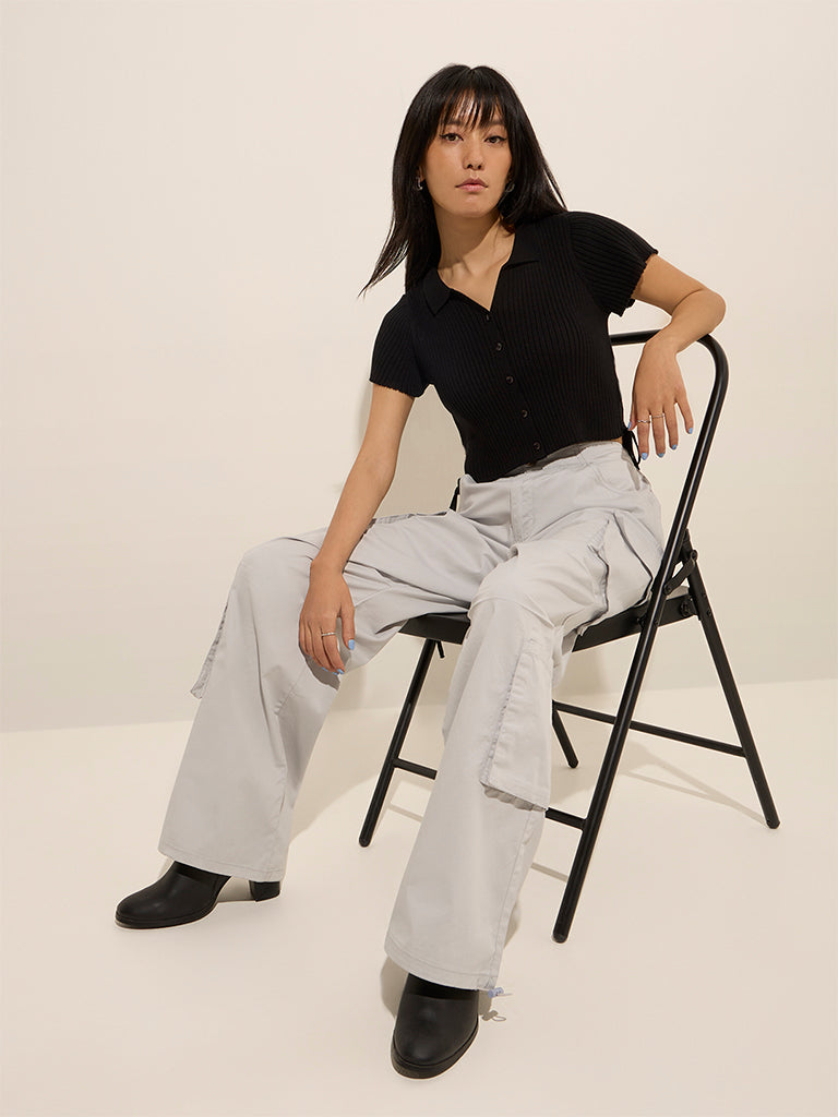 Westside Nuon Women's Black Ribbed Knit-Detail Top for Casual Wear Casual Wear Full View