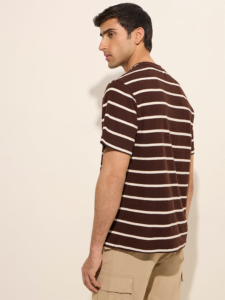 Westside WES Casuals Men's Brown Stripe Printed Relaxed-Fit Cotton T-Shirt for Casual Wear Back View