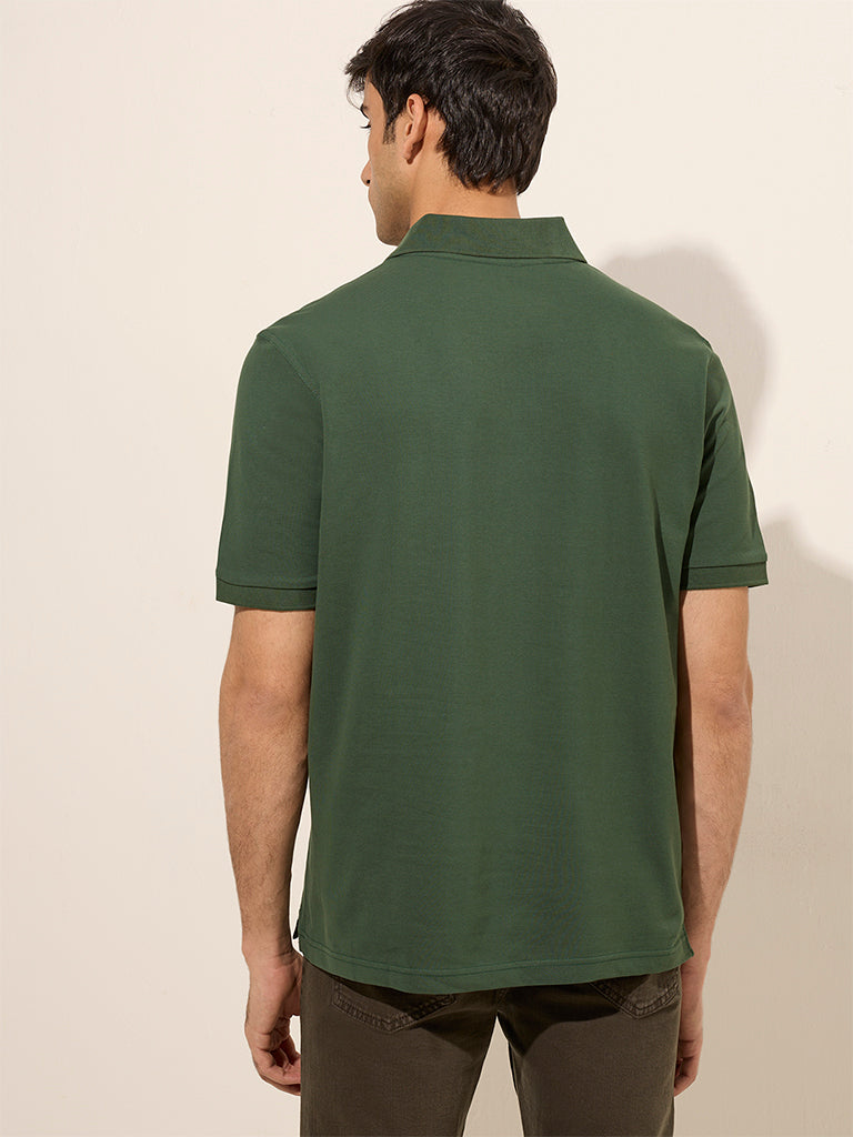 Westside WES Casuals Men's Dark Green Relaxed-Fit Cotton-Blend Polo T-Shirt for Casual Wear Casual Wear Back View