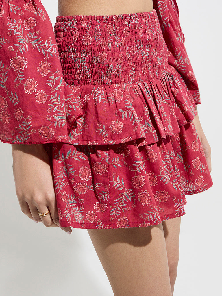 Westside Bombay Paisley Women's Red Floral High-Rise Cotton Tiered Skirt for Everyday Zoomed View