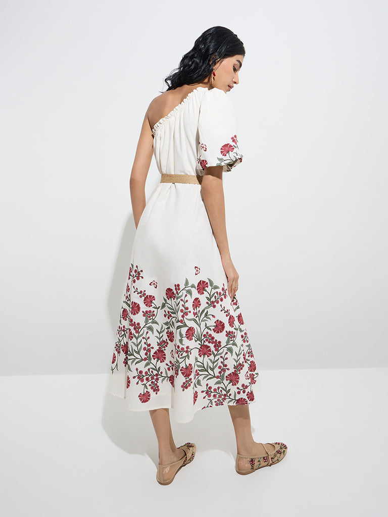 Westside Bombay Paisley Women's White Floral One-Shoulder Cotton Dress for Everyday Back View