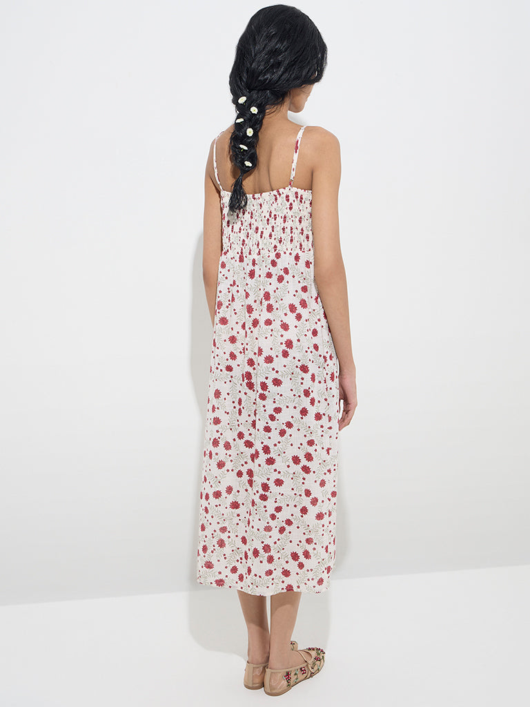 Westside Bombay Paisley Women's White Floral Print Cotton Empire-Line Dress for Everyday Back View